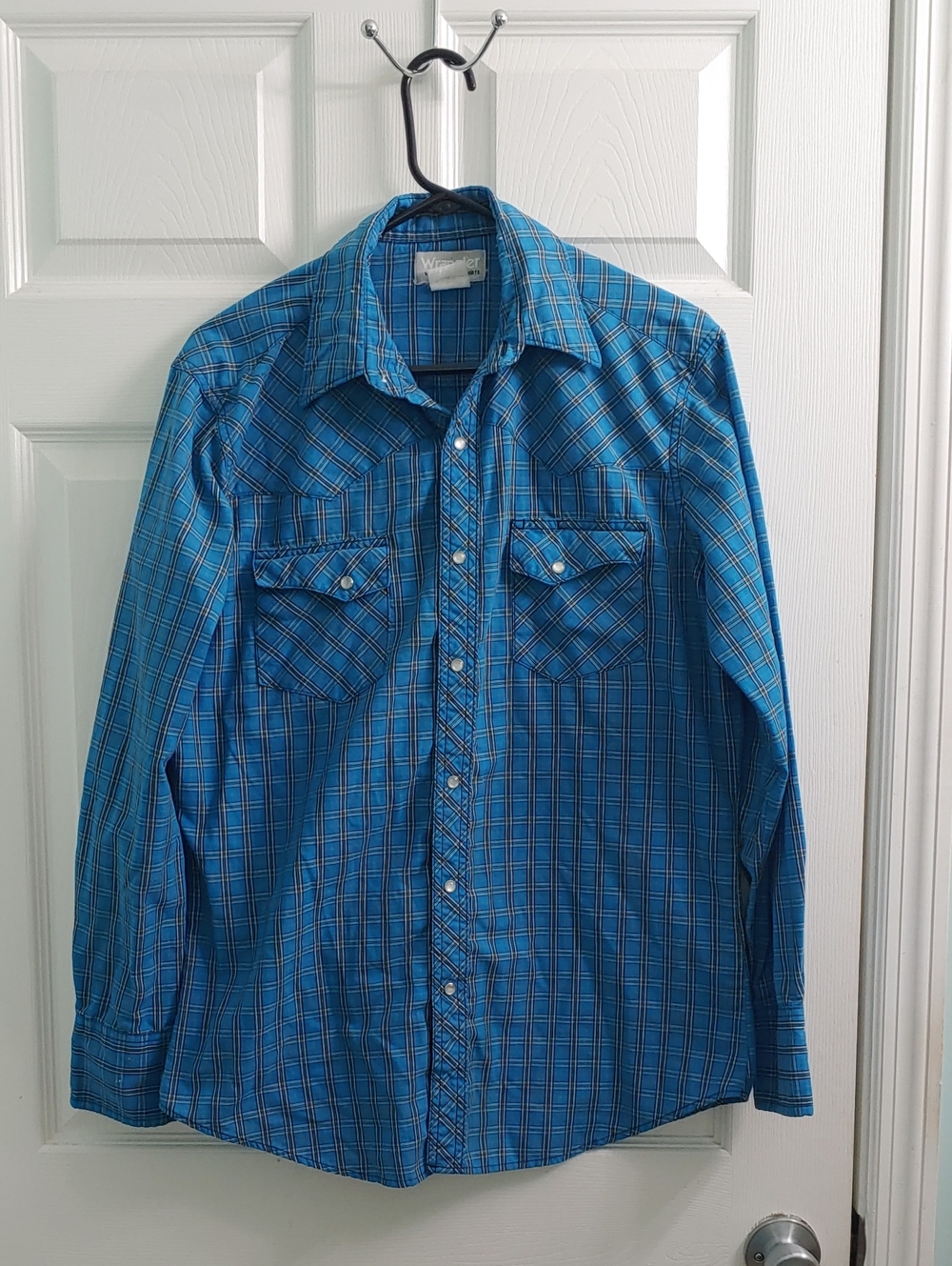 Wrangler Wrancher Shirt Men's M Blue Plaid Western Pearl Snap Button Down